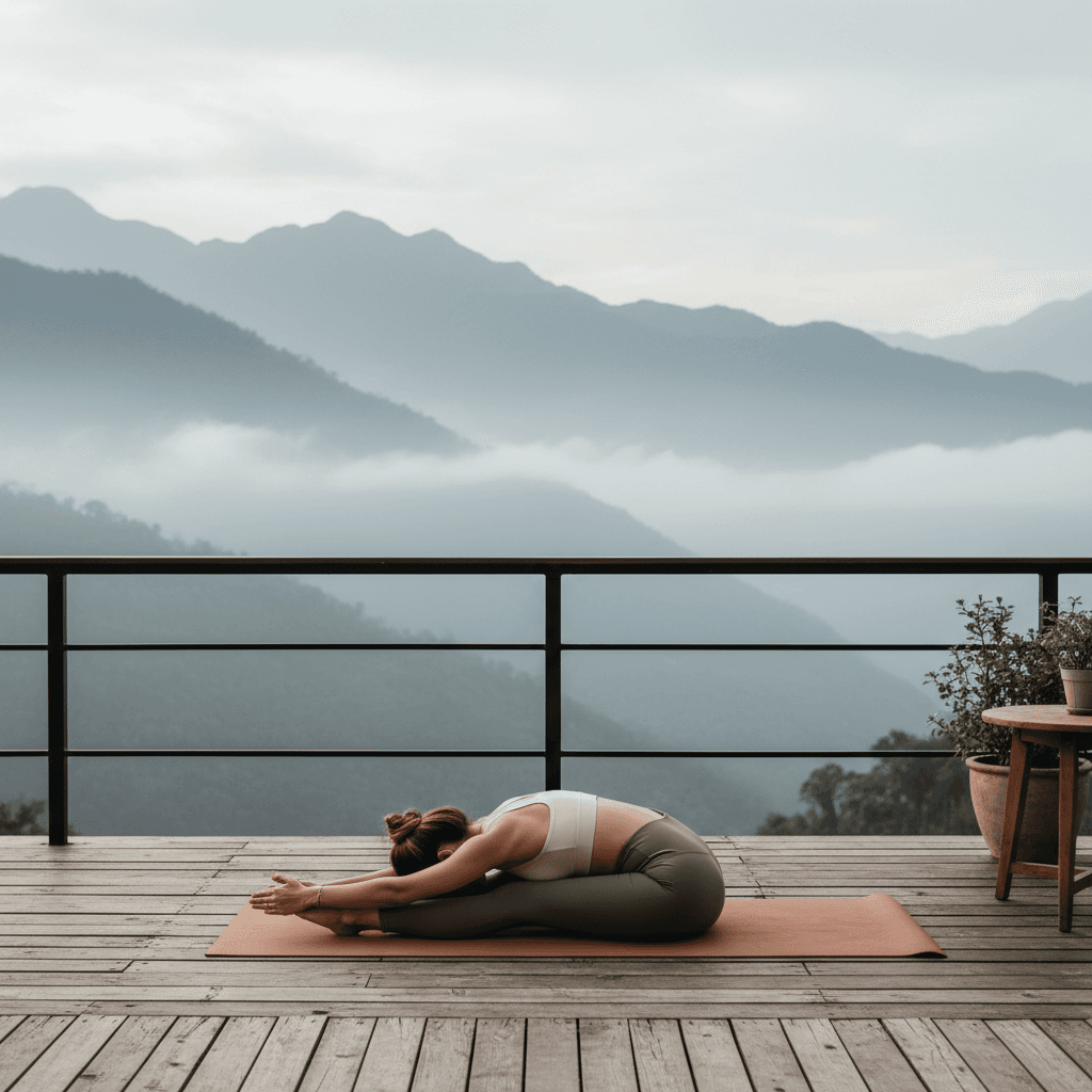 A woman doing yoga on a balcony with mountain views