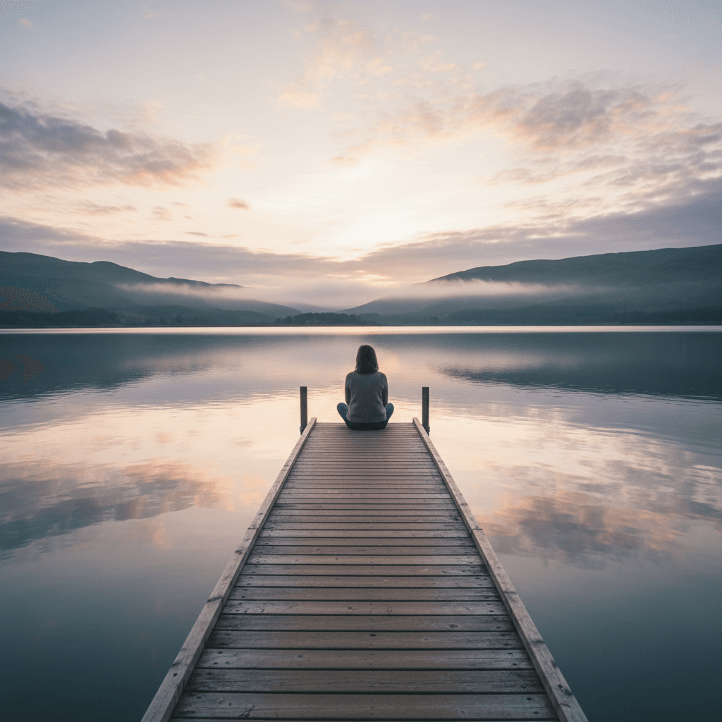 Woman sitting on a lake pier during golden hour in the Scottish Highlands