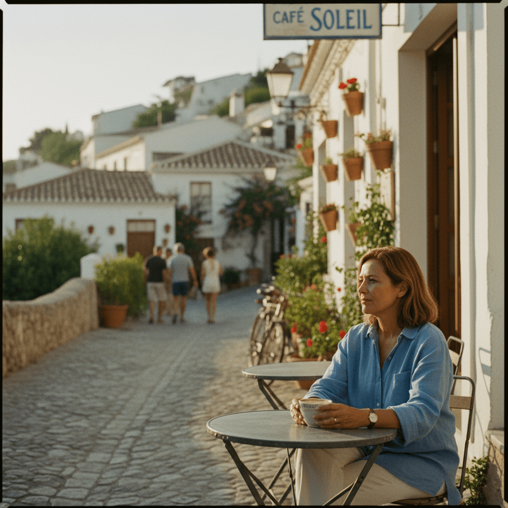 Woman enjoying coffee at a café overlooking a Mediterranean coastal village
