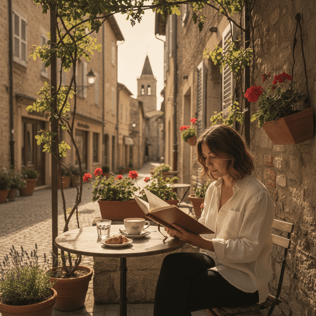 A woman sitting alone at a café table enjoying a peaceful morning